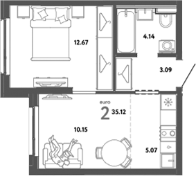 Планировка — Уральский сад, 2-комн., 35 м²