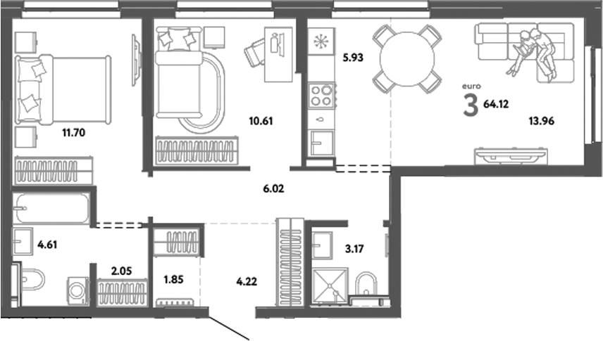 Планировка — Уральский сад, 3-комн., 64 м²
