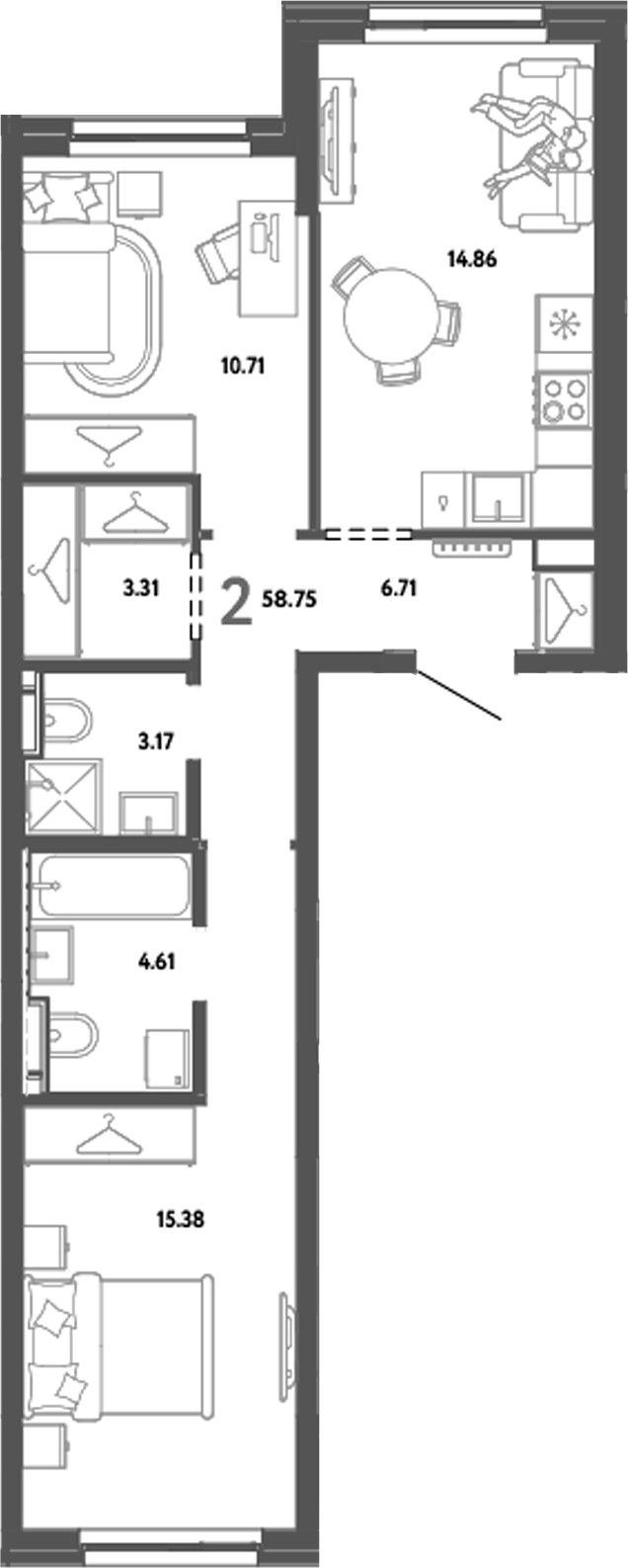 Планировка — Уральский сад, 2-комн., 59 м²