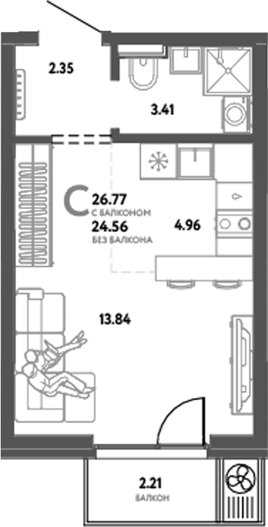 Планировка — Уральский сад, Студия, 25 м²