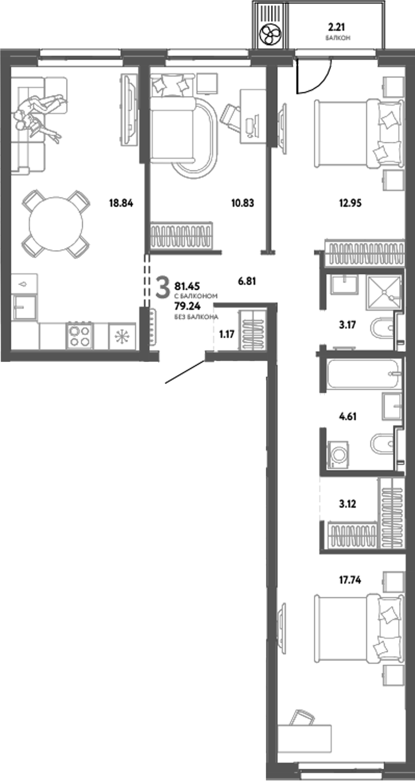 Планировка — Уральский сад, 3-комн., 79 м²