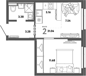 Планировка — Уральский сад, 2-комн., 31 м²