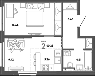 Планировка — Уральский сад, 2-комн., 40 м²
