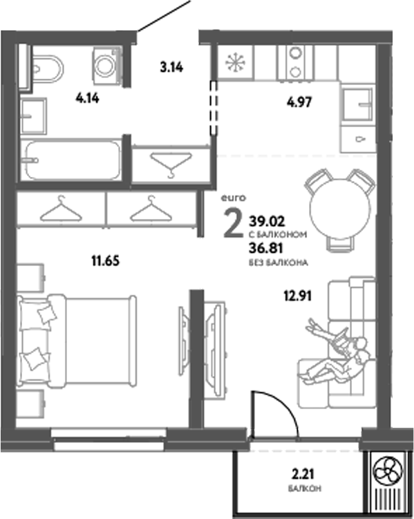 Планировка — Уральский сад, 2-комн., 37 м²
