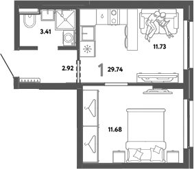 Планировка — Уральский сад, 1-комн., 30 м²