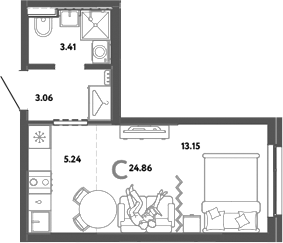 Планировка — Уральский сад, Студия, 25 м²