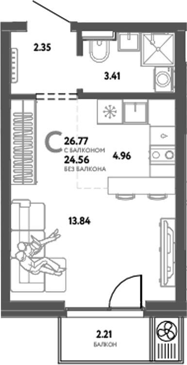 Планировка — Уральский сад, Студия, 25 м²