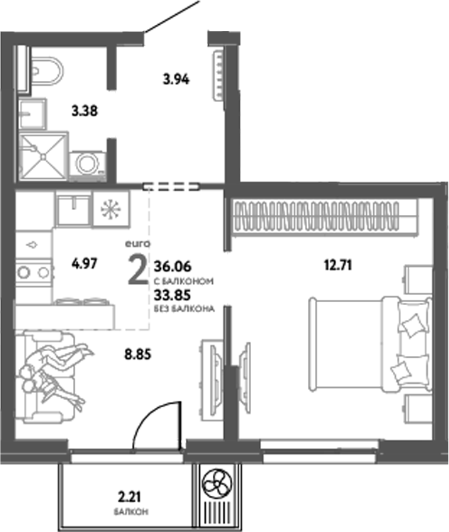 Планировка — Уральский сад, 2-комн., 34 м²