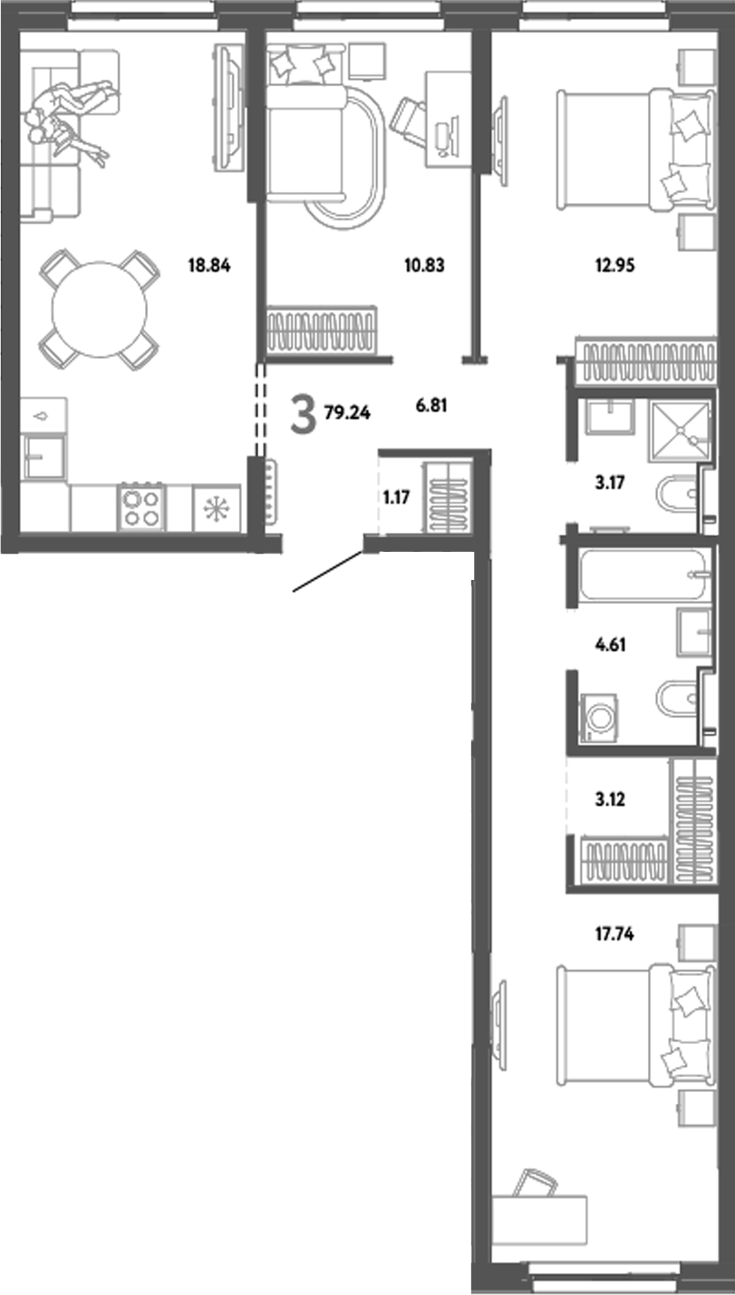 Планировка — Уральский сад, 3-комн., 79 м²
