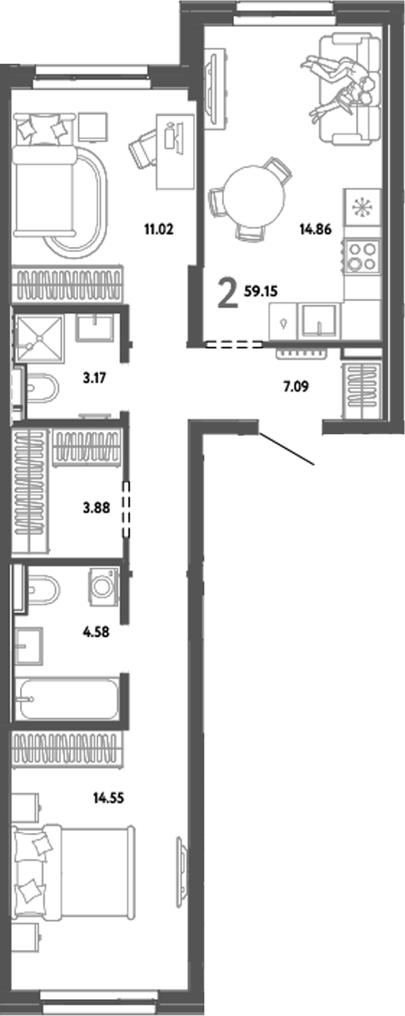 Планировка — Уральский сад, 2-комн., 59 м²