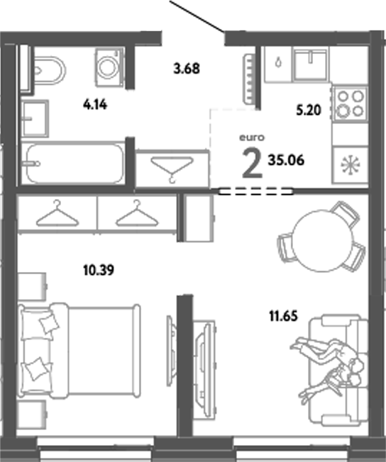 Планировка — Уральский сад, 2-комн., 35 м²