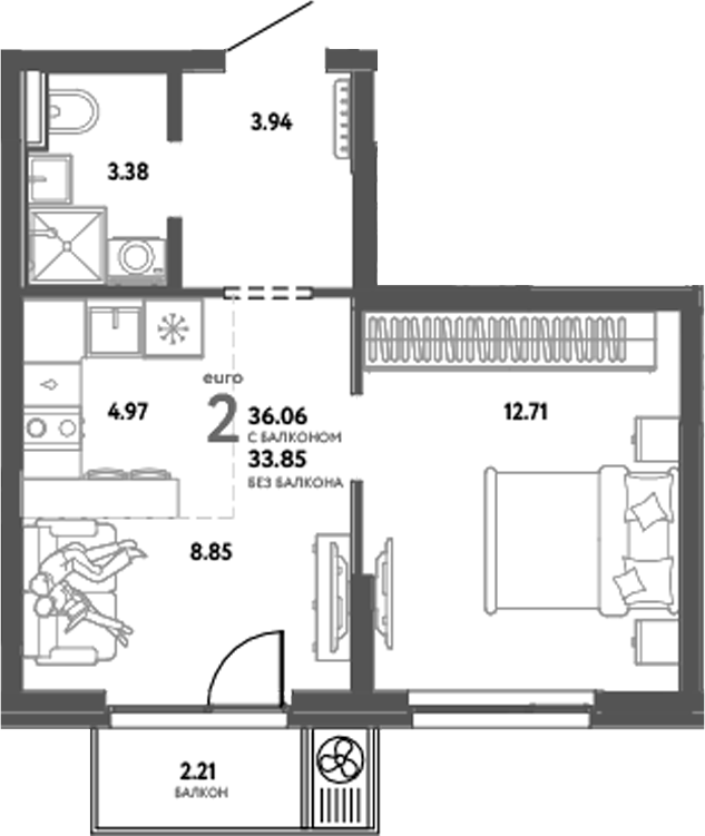 Планировка — Уральский сад, 2-комн., 34 м²
