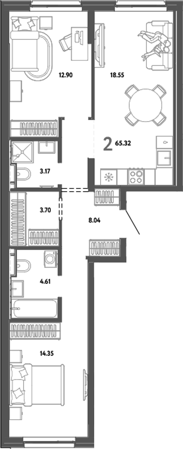 Планировка — Уральский сад, 2-комн., 65 м²