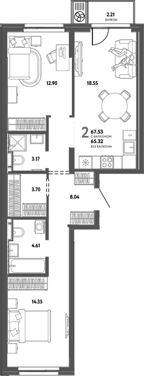 Планировка — Уральский сад, 2-комн., 65 м²