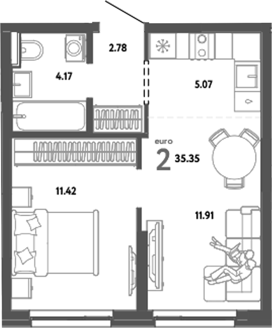 Планировка — Уральский сад, 2-комн., 35 м²