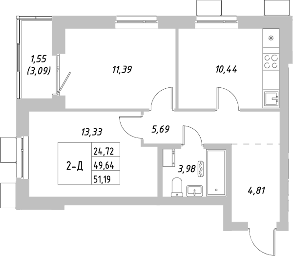 Планировка — Riverside, 2-комн., 50 м²