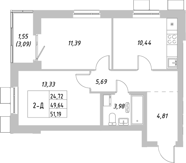 Планировка — Riverside, 2-комн., 50 м²