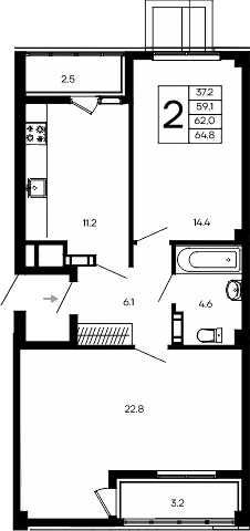 Планировка — Небо, 2-комн., 59 м²