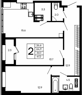 Планировка — Небо, 2-комн., 65 м²