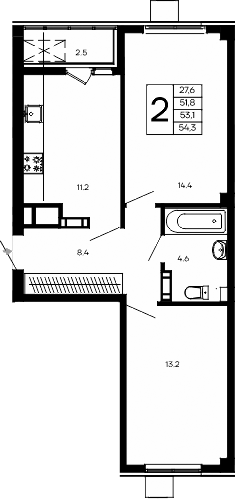 Планировка — Небо, 2-комн., 52 м²