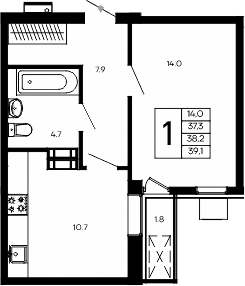 Планировка — Небо, 1-комн., 37 м²