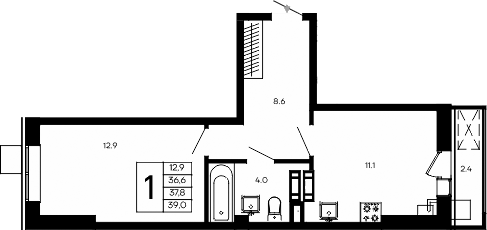 Планировка — Небо, 1-комн., 37 м²