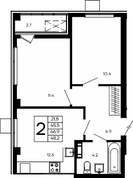 Планировка — Небо, 2-комн., 46 м²