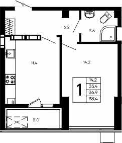 Планировка — Небо, 1-комн., 35 м²