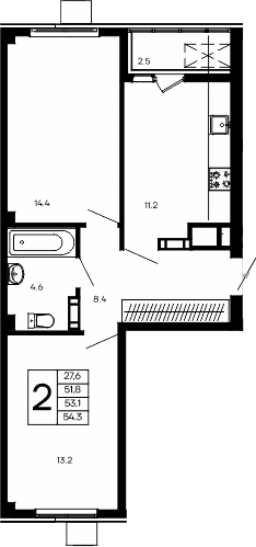Планировка — Небо, 2-комн., 52 м²