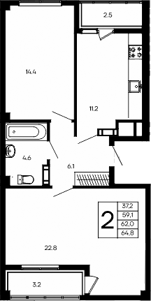 Планировка — Небо, 2-комн., 59 м²