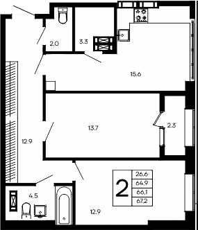 Планировка — Небо, 2-комн., 65 м²