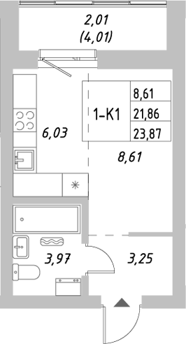 Планировка — Riverside, Студия, 22 м²