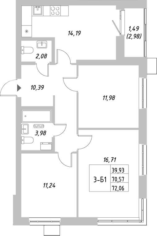 Планировка — Riverside, 3-комн., 71 м²