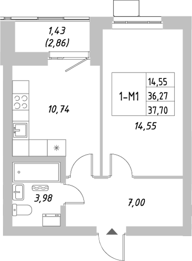 Планировка — Riverside, 1-комн., 36 м²