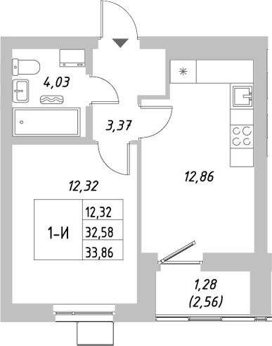 Планировка — Riverside, 1-комн., 33 м²