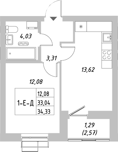 Планировка — Riverside, 1-комн., 33 м²