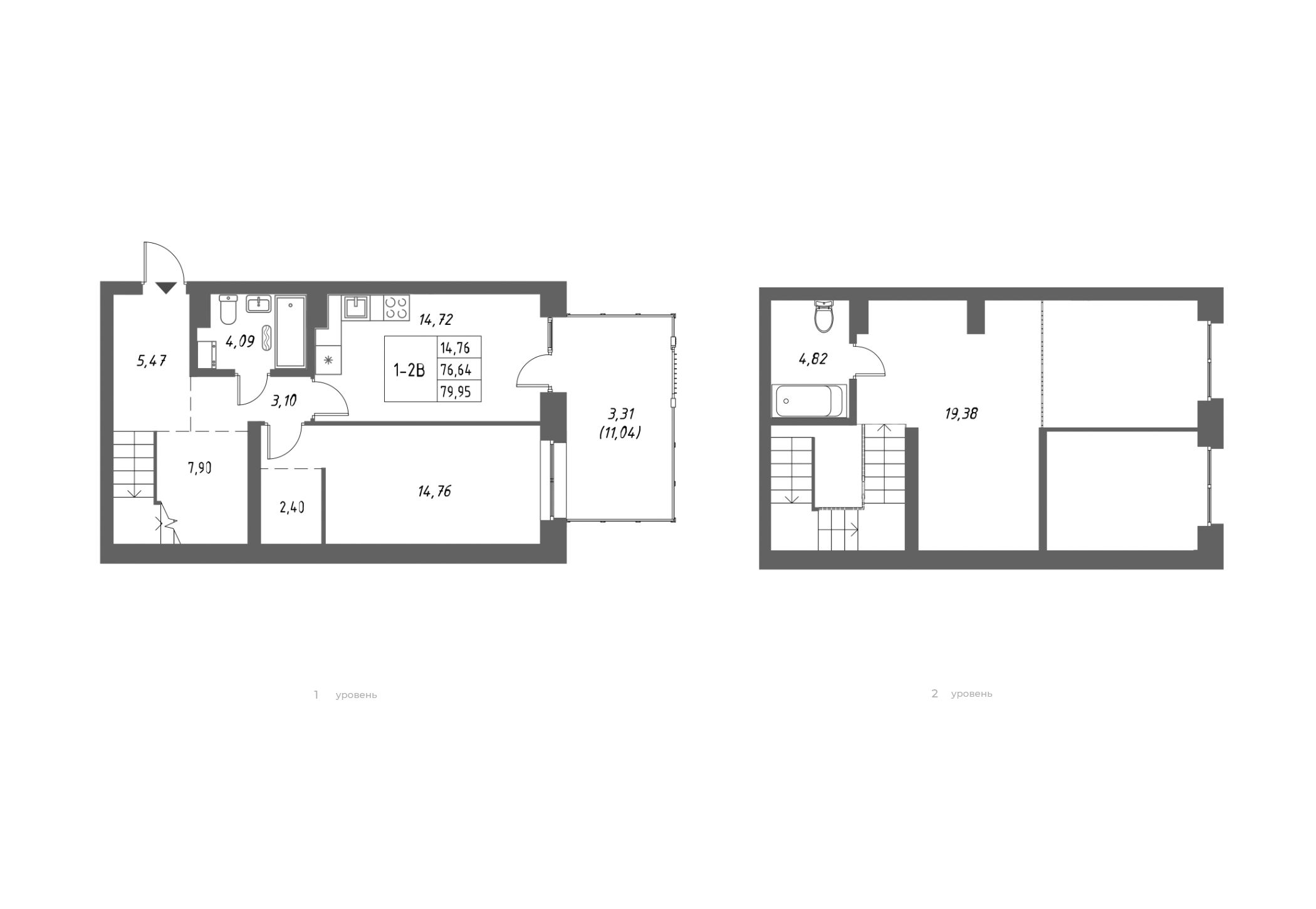 Планировка — Riverside, 1-комн., 77 м²