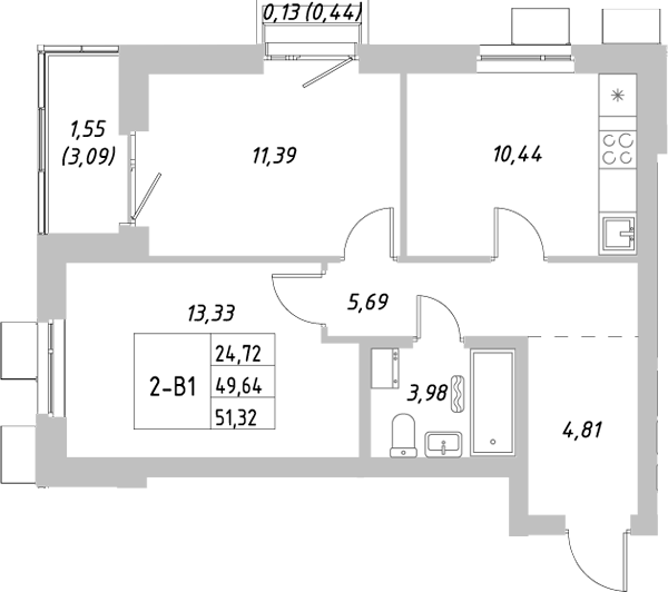 Планировка — Riverside, 2-комн., 50 м²