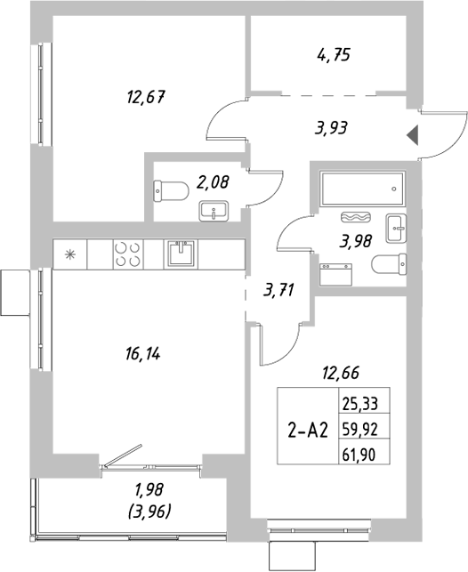 Планировка — Riverside, 2-комн., 60 м²