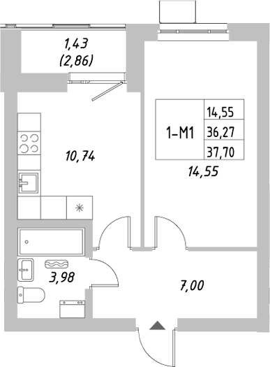 Планировка — Riverside, 1-комн., 36 м²