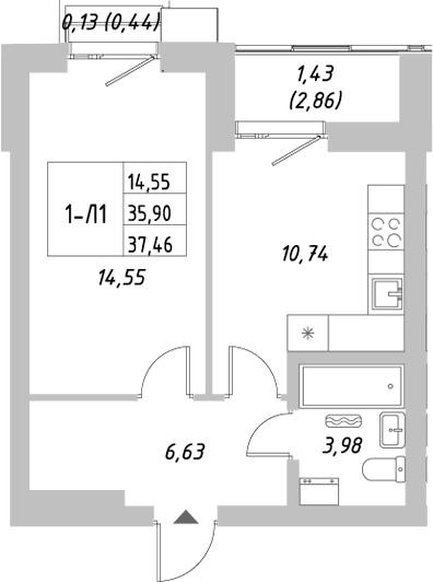 Планировка — Riverside, 1-комн., 36 м²