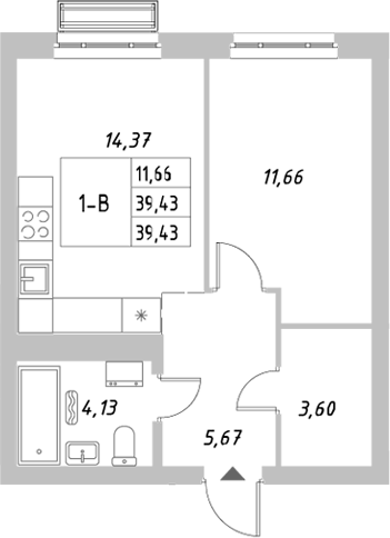 Планировка — Riverside, 1-комн., 39 м²