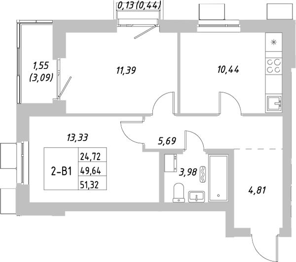 Планировка — Riverside, 2-комн., 50 м²