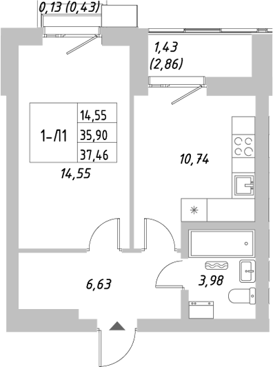 Планировка — Riverside, 1-комн., 36 м²