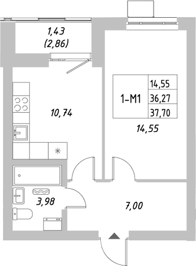 Планировка — Riverside, 1-комн., 36 м²