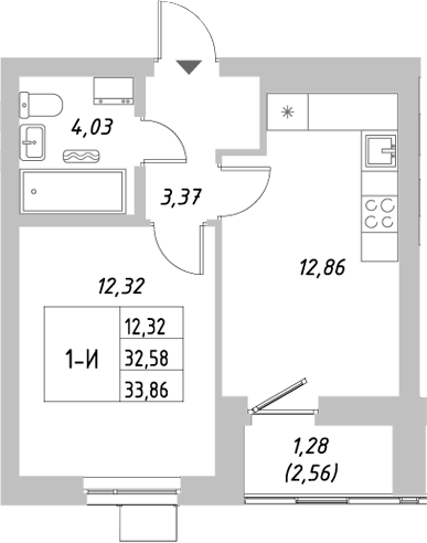 Планировка — Riverside, 1-комн., 33 м²