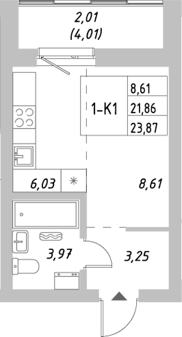 Планировка — Riverside, Студия, 22 м²