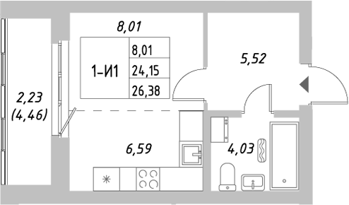 Планировка — Riverside, Студия, 24 м²