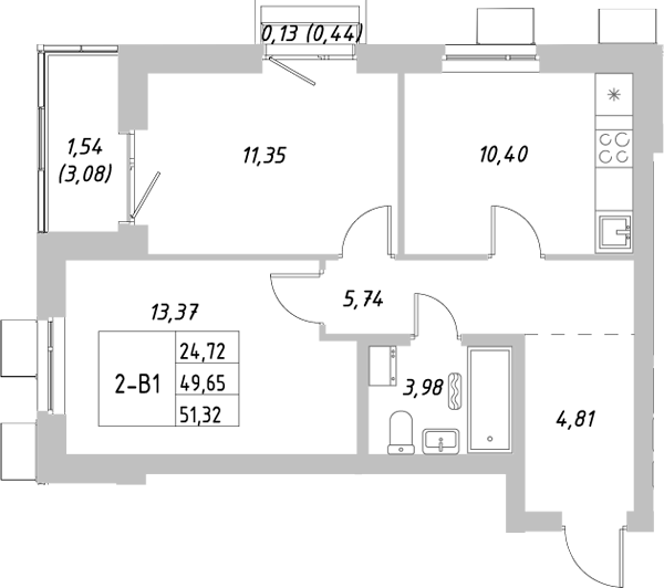 Планировка — Riverside, 2-комн., 50 м²
