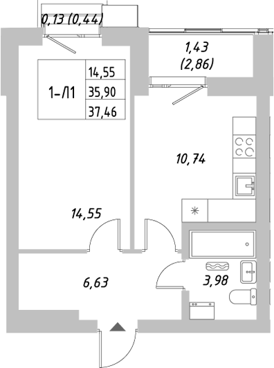 Планировка — Riverside, 1-комн., 36 м²